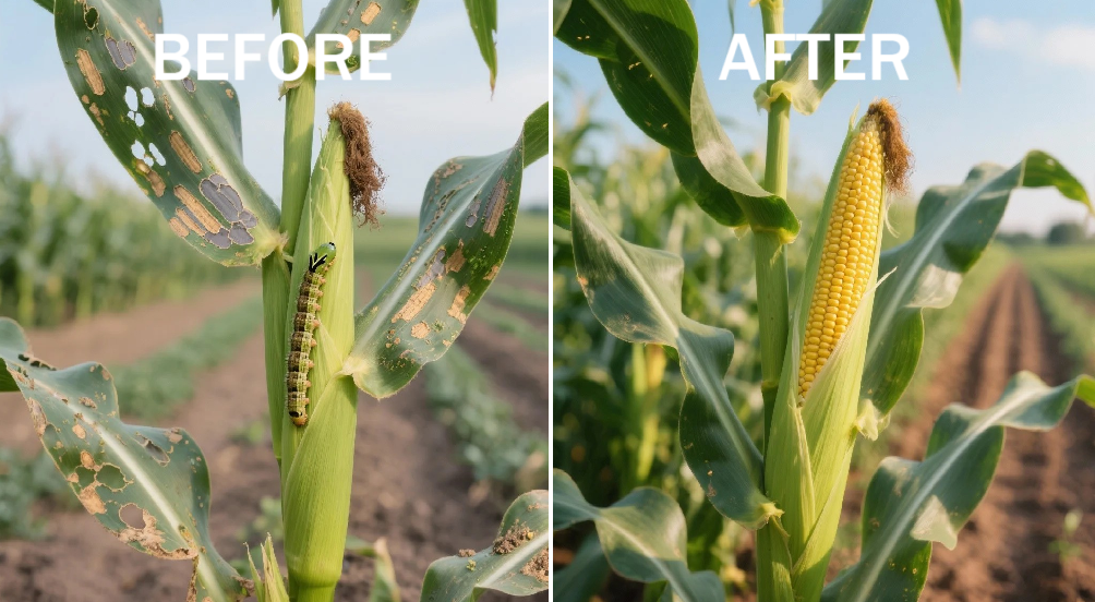 Before and After: Diseased vs Healthy Maize Crop showing AgrIAI's impact
